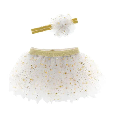 Big Sister tutu set featuring a sparkly white tutu with gold accents and a matching fluffy headband.