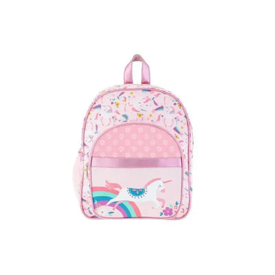 Classic pink unicorn backpack featuring colorful unicorns, rainbows, and flowers. Ideal for kids.