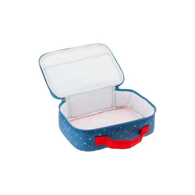 Classic blue lunch box with red handle, featuring a starry pattern and an insulated interior for food storage.