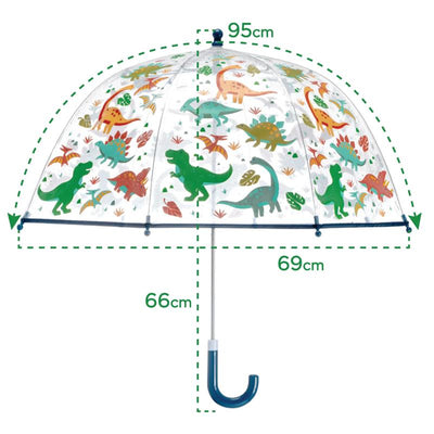 Clear umbrella featuring colorful dinosaur illustrations, measuring 95 cm across, with a blue hook handle.