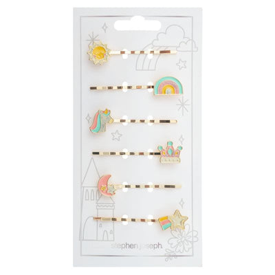 Colorful enamel hair pins featuring a sun, rainbow, unicorn, crown, moon, and star on a decorative card.