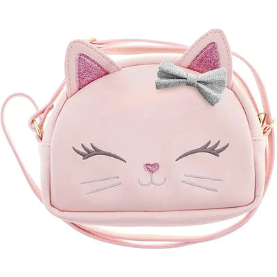 Fashion purse shaped like a cat, featuring pink leather, glittery ears, and a silver bow. Ideal for kids.