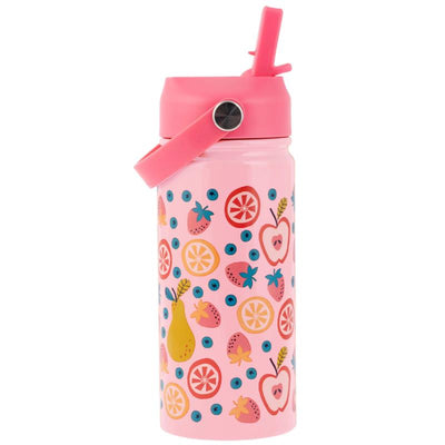 Insulated stainless steel bottle with handle, featuring a colorful fruit pattern on a pink background.