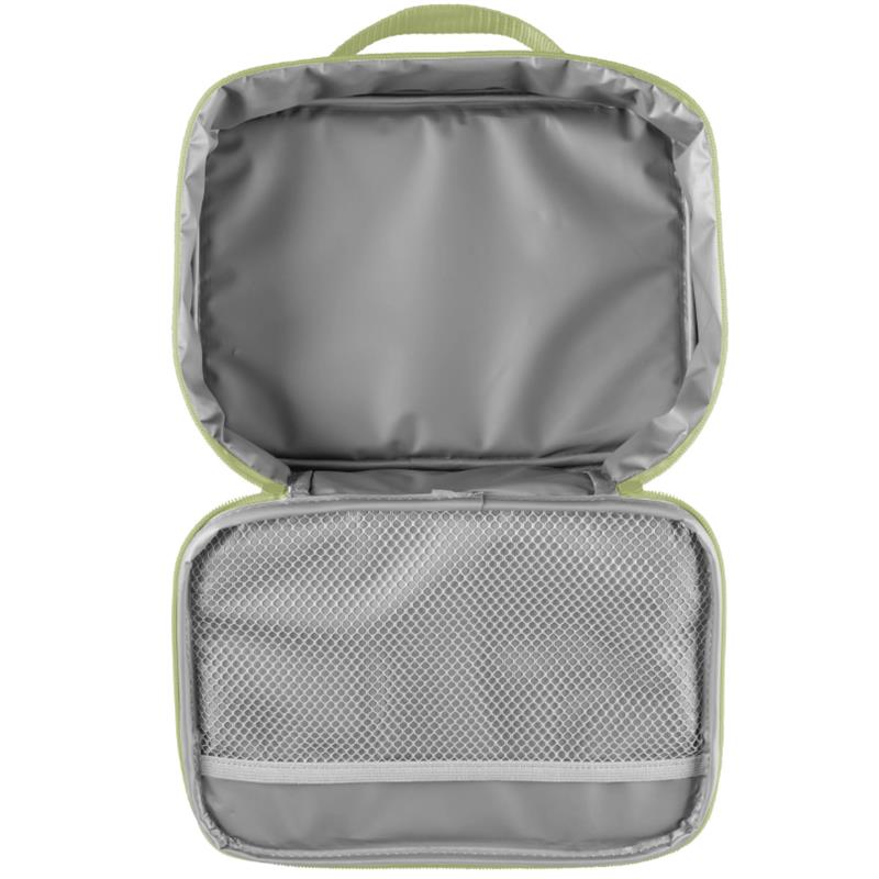 Green Stephen Joseph Junior Lunchbox with a gray interior and a mesh pocket, designed for children’s lunches.