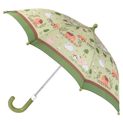 Kids umbrella featuring a farm theme with playful illustrations of animals, tractors, and a barn on a light green background.