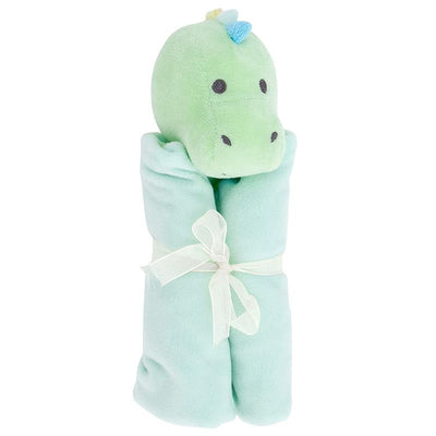 Soft mint green baby blanket wrapped with a dinosaur head attached, featuring a ribbon bow. Ideal for infants.