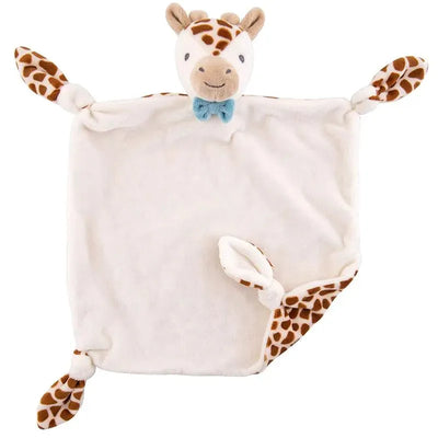 Soft baby lovey featuring a giraffe head with a blue bow, surrounded by a plush square blanket.