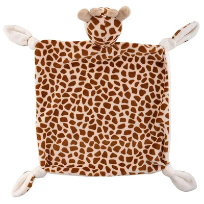 Soft plush giraffe lovey blanket with a patterned fabric and tied corners, featuring a giraffe head at the center.