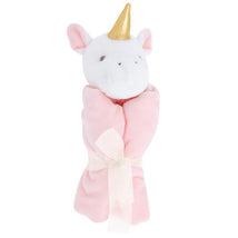 Soft pink plush unicorn blanket with a white unicorn head and gold horn, tied with a ribbon. Ideal for baby girls.