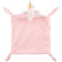 Soft pink baby lovey featuring a unicorn head with a golden horn and floppy ears, ideal for comfort.