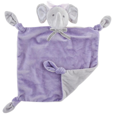 Purple elephant security blanket with a soft texture, featuring a cute elephant head and knotted corners.