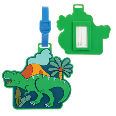 Colorful dinosaur-shaped luggage tag featuring a green dinosaur design, a blue strap, and a slot for identification details.