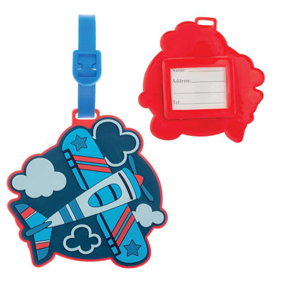 Colorful airplane-shaped luggage tag features a cloud background and includes a transparent ID card holder.