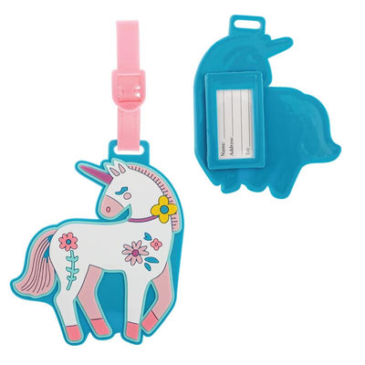 Unicorn-shaped luggage tag with a pink strap and a blue tag holder for contact information.