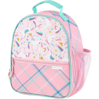 Stephen Joseph lunch bag for kids featuring a pink unicorn pattern, with a zippered compartment and carrying handle.