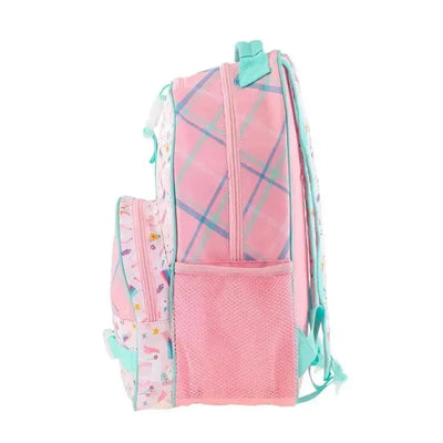 Stephen Joseph unicorn lunch bag for kids in pink, featuring a fun design with flowers and a mesh side pocket.