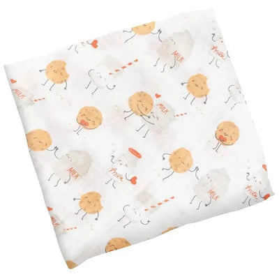 Muslin blanket featuring a playful design of cookies and milk, perfect for infants and toddlers.