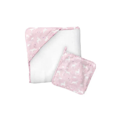 Muslin hooded towel and matching washcloth in pink with unicorn prints, perfect for drying off after bath time.