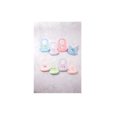 Silicone bibs in various colors and animal designs, displayed in a grid layout, featuring a space theme.