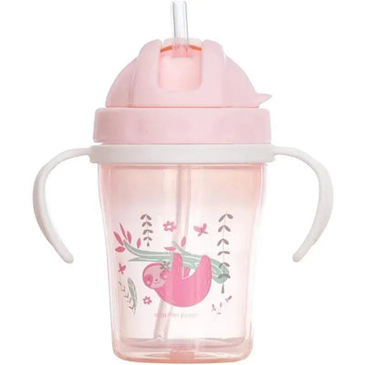 Sippy cup for toddlers with a sloth design, pink lid, straw, and handles, featuring floral graphics.