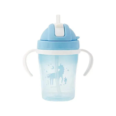 Sippy cup for toddlers featuring a blue lid and straw, decorated with a unicorn design and two handles.