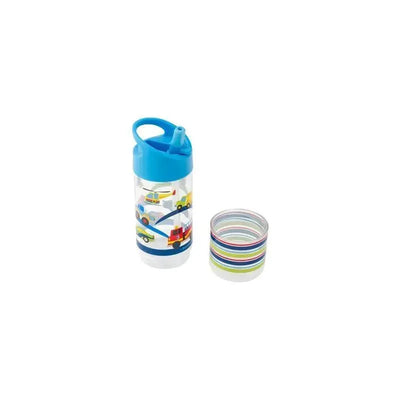 Stephen Joseph Snip and Snack bottle with a blue lid, featuring colorful transportation designs, next to a stack of matching mini containers.