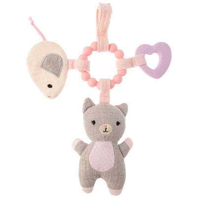 Stroller toy with a cat and mouse design, features a heart-shaped teething ring and colored beads.