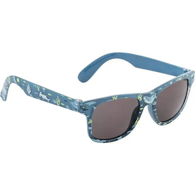 Blue sunglasses featuring a playful shark and ocean-themed design, suitable for children.