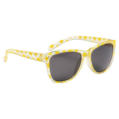 Sunglasses with a transparent yellow frame featuring a sun pattern and dark lenses, designed for kids.
