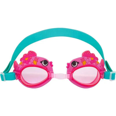 Stephen Joseph Swim Goggles in a playful fish design, featuring pink accents and a light blue adjustable strap.