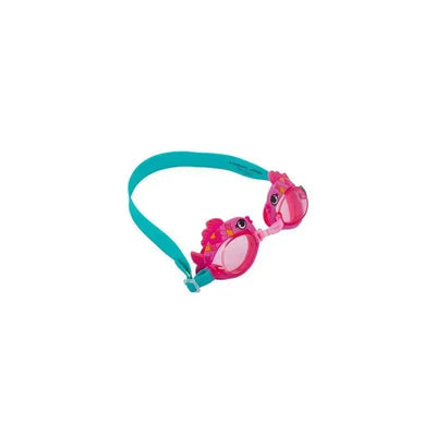 Swim goggles designed for kids featuring a fish theme with pink lenses and a turquoise strap.