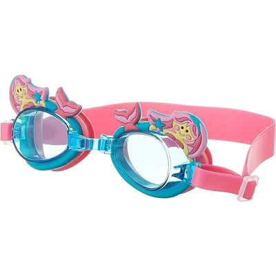 Swim goggles designed for children with a mermaid theme, featuring colorful details and a pink adjustable strap.