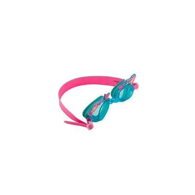 Swim goggles designed for children, featuring a turquoise lens and a pink strap with a mermaid theme.