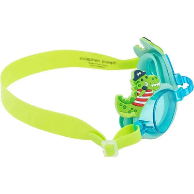 Toddler swim goggles featuring a green dino pirate design with a bright yellow strap and blue lenses.