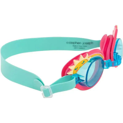 Toddler swim goggles featuring a rainbow design with a smiling sun, bright colors, and adjustable straps.
