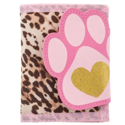 Toddler wallet featuring a leopard print design with a pink paw print and a gold glitter heart.