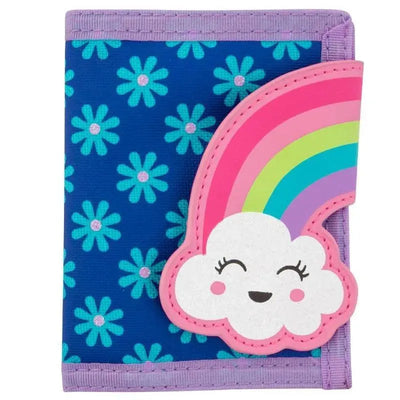 Toddler wallet featuring a rainbow and cloud design on a blue floral background, designed for kids.