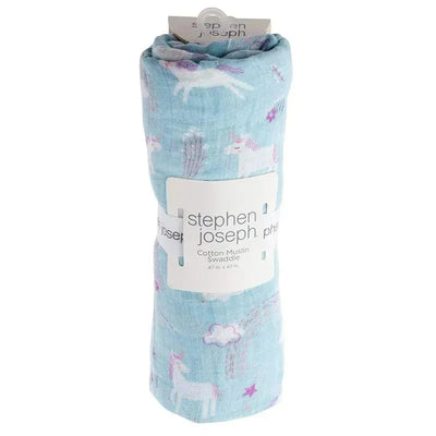 Stephen Joseph Unicorn Muslin Baby Blanket in light blue featuring unicorns and clouds, measuring 47 inches by 47 inches.