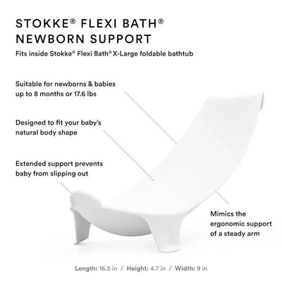Supports newborns in Stokke Flexi Bath X-Large with ergonomic design, preventing slipping and fitting natural body shape.