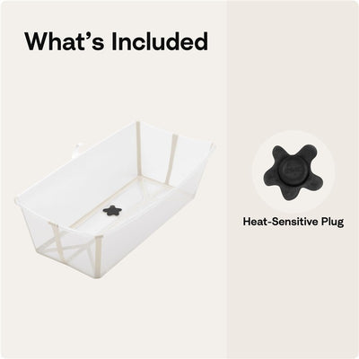 X-Large sandy beige Stokke Flexi Bath tub with a heat-sensitive black plug, showcasing what is included in the set.