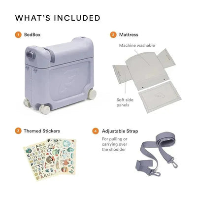 Stokke Jetkids™ Bedbox™ in Midnight Grey, includes a suitcase, mattress, themed stickers, and adjustable strap.