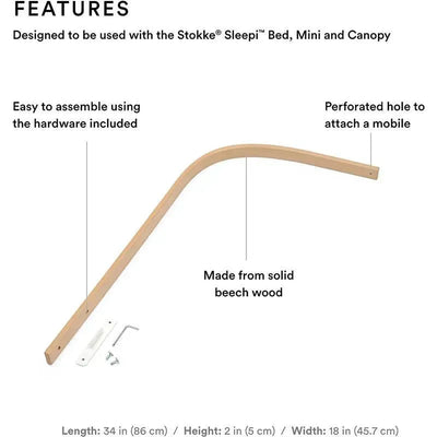 Stokke Sleepi Drape Rod in natural wood, features a curved design for attaching canopies or mobiles, includes assembly hardware.