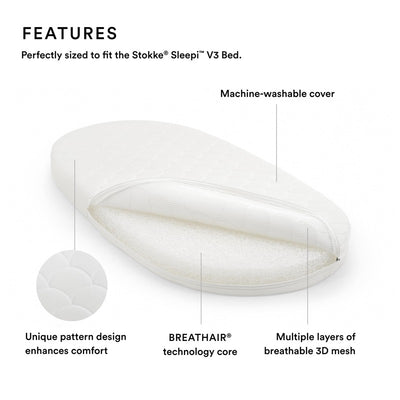 Stokke Sleepi mattress in white with a machine-washable cover, showcasing unique pattern design and breathable core features.