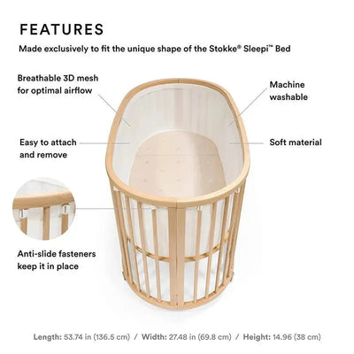 Stokke Sleepi Mesh Liner in white, featuring breathable 3D mesh, soft material, and anti-slide fasteners for secure attachment.