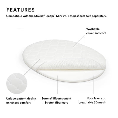 Stokke® Sleepi™ Mini Mattress in white, featuring a washable cover, unique pattern design, and breathable 3D mesh layers.