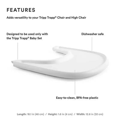White Stokke Tray designed for Tripp Trapp® Baby Set; features include dishwasher safe, BPA-free plastic, easy-to-clean.