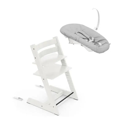 Stokke Tripp Trapp High Chair Bundle in white with a removable grey infant seat attached.