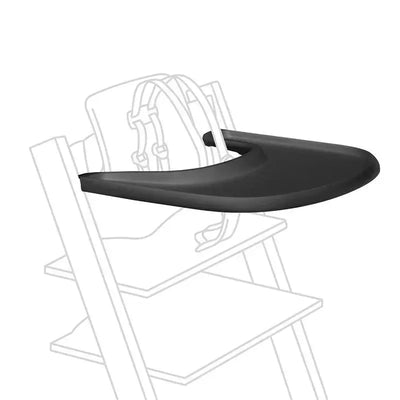 Black tray accessory for the Stokke Tripp Trapp high chair, designed for easy feeding.