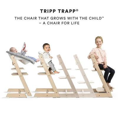 Stokke Tripp Trapp® High Chair in natural finish, showing three children at different growth stages using the chair.