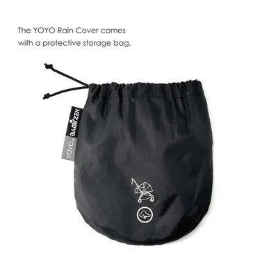Black protective storage bag for the Stokke Yoyo 0+ Newborn Pack Rain Cover, featuring a stroller graphic.